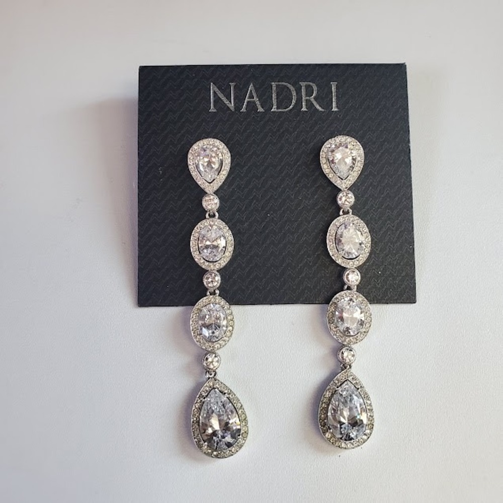 NADRI Cubic Zirconia Linear Drop Pierced Earrings Rhodium Plate Pear Oval Halo
